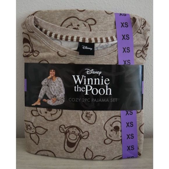 Disney Winnie the Pooh 1425605 Women's Sz XS Tan 2 Piece Cozy Pajama Set - Picture 1 of 4